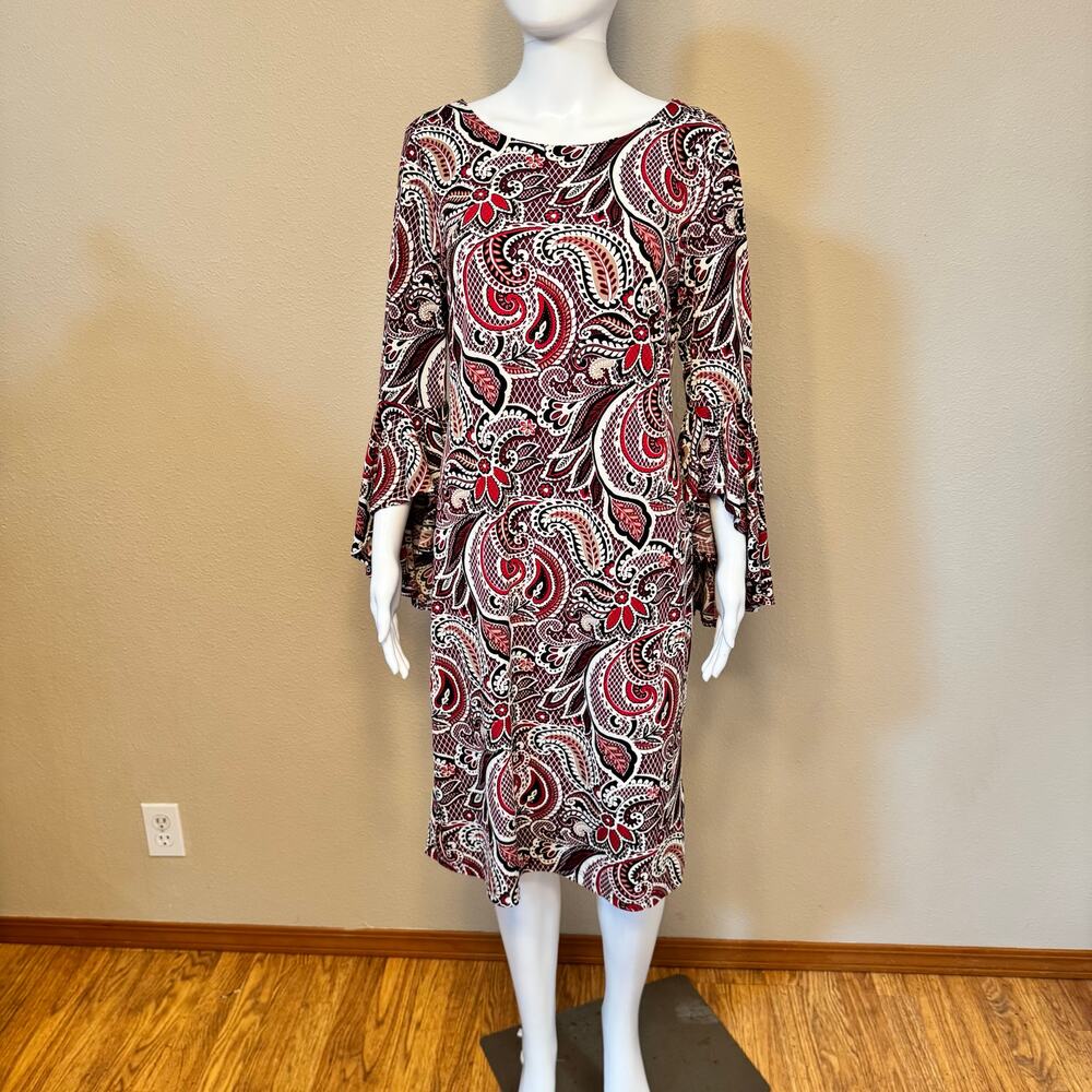 Shelby & Palmer Paisley Bell Sleeve Dress Size 10 Stretch Knit Boho Mod Retro - Picture 4 of 13